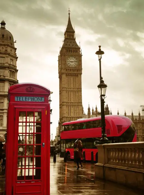 Big Ben, cabine téléphonique rouge et bus londonien sous la pluie lors d'un voyage sur mesure en Angleterre - Les Sens du Voyage