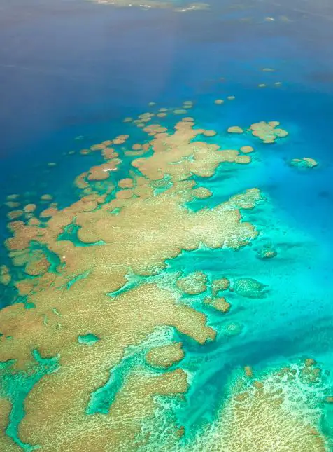Vue aérienne récifs coralliens formations coralliennes eaux turquoise aux Fidji pour voyage sur mesure Fidji plongée