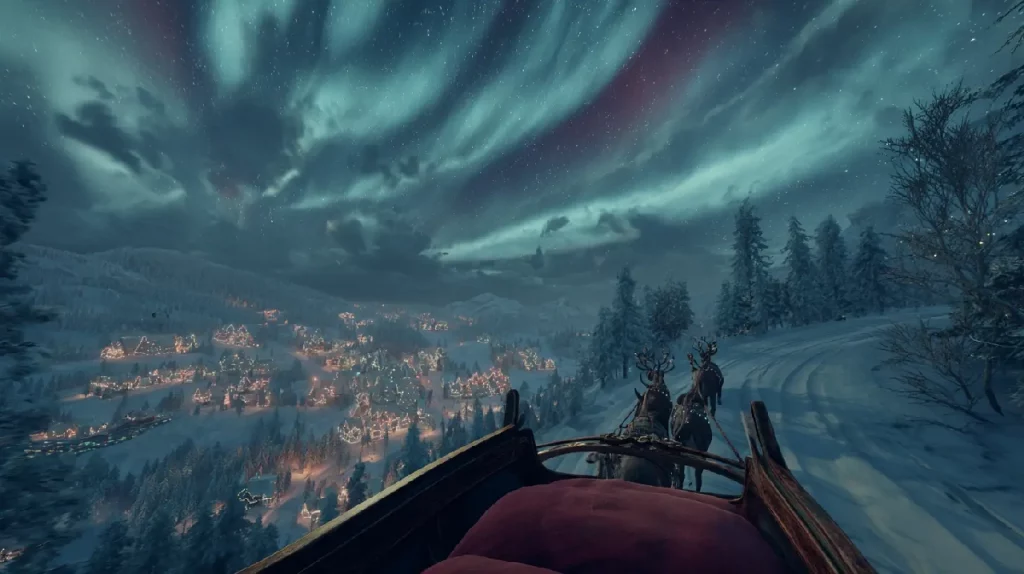 Vue depuis le traîneau du Père Noël tiré par des rennes au-dessus d’un paysage de forêts enneigées et de villages illuminés, sous un ciel d’aurores boréales