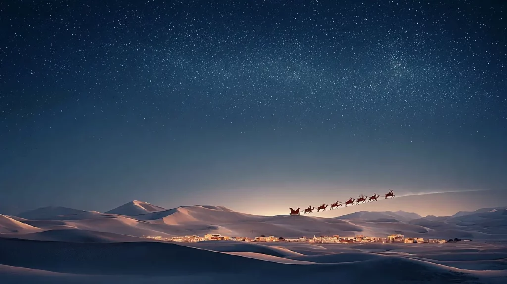 Silhouette du traîneau du Père Noël et de ses rennes volant de nuit au-dessus d’un désert de dunes éclairé par un ciel étoilé, petite ville lumineuse au loin