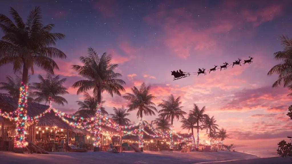Traîneau du Père Noël volant au-dessus d’une plage tropicale au coucher du soleil, palmiers décorés de guirlandes lumineuses et petites paillotes de Noël en bord de mer