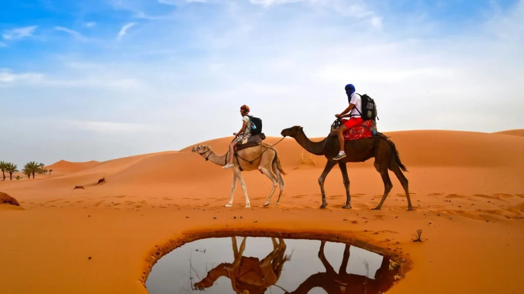 Deux voyageurs à dos de dromadaire se reflétant dans une mare au milieu des dunes de Merzouga lors d'un voyage sur mesure au Maroc