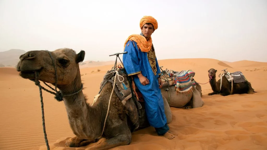 Jeune guide berbère en tenue traditionnelle avec ses dromadaires dans les dunes de l'Erg Chebbi lors d'un voyage sur mesure au Maroc