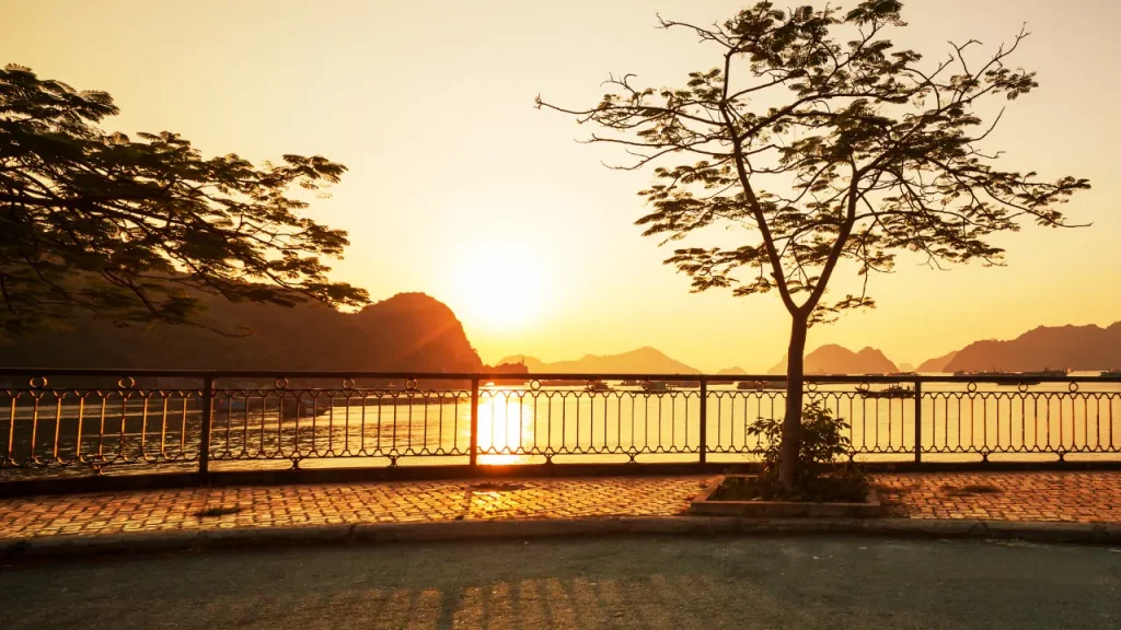 Coucher de soleil doré sur la baie d'Halong depuis la promenade de la ville de Hạ Long lors d'un voyage sur mesure au Vietnam