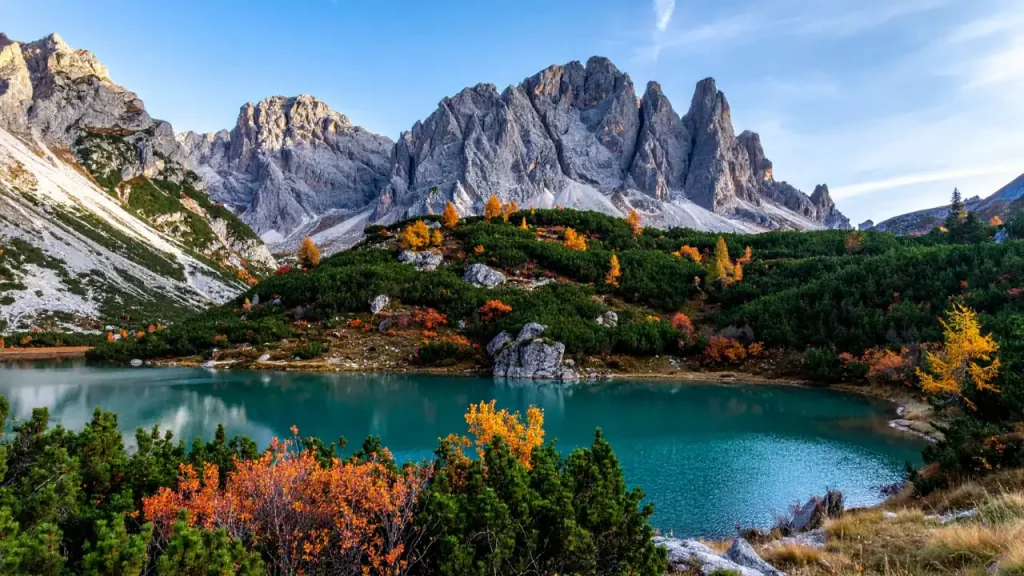 Lac turquoise et couleurs d'automne au pied des aiguilles calcaires des Dolomites lors d'un voyage sur mesure en Italie