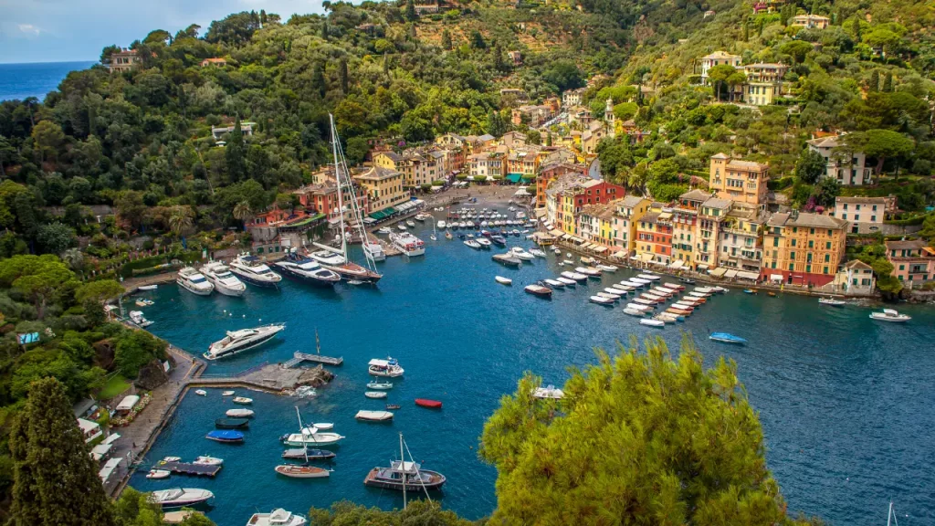 Port de Portofino avec yachts et maisons colorées vus depuis les hauteurs de la colline lors d'un voyage sur mesure en Italie