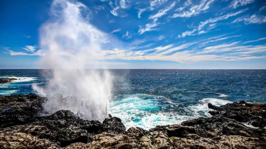 Geyser et vagues puissantes sur les côtes volcaniques lors d'un voyage sur mesure à La Réunion