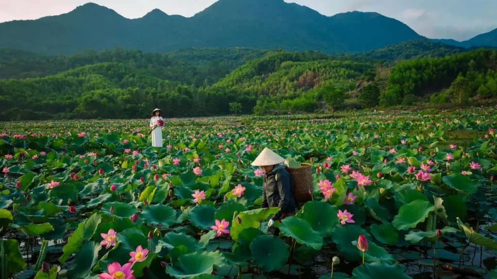 Récolte de fleurs de lotus roses dans un étang par des habitants en tenue traditionnelle lors d'un voyage sur mesure au Vietnam