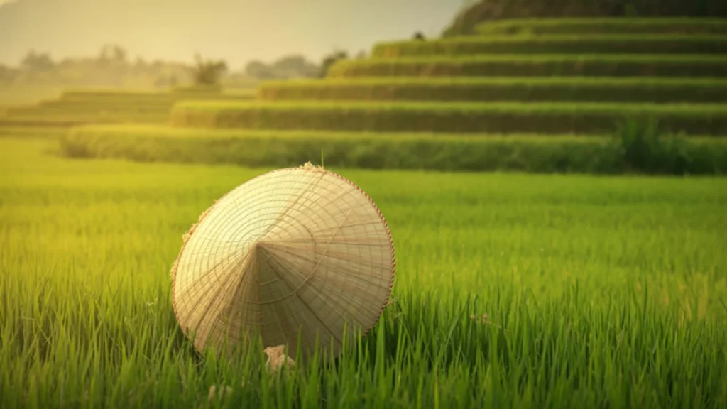 Chapeau conique traditionnel nón lá dans une rizière verdoyante, symbole du Vietnam rural lors d'un voyage sur mesure au Vietnam